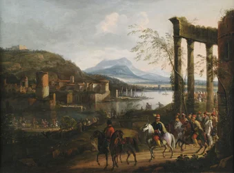 Amplio paisaje fluvial italianizante con ruinas, puerto y gran desfile ecuestre